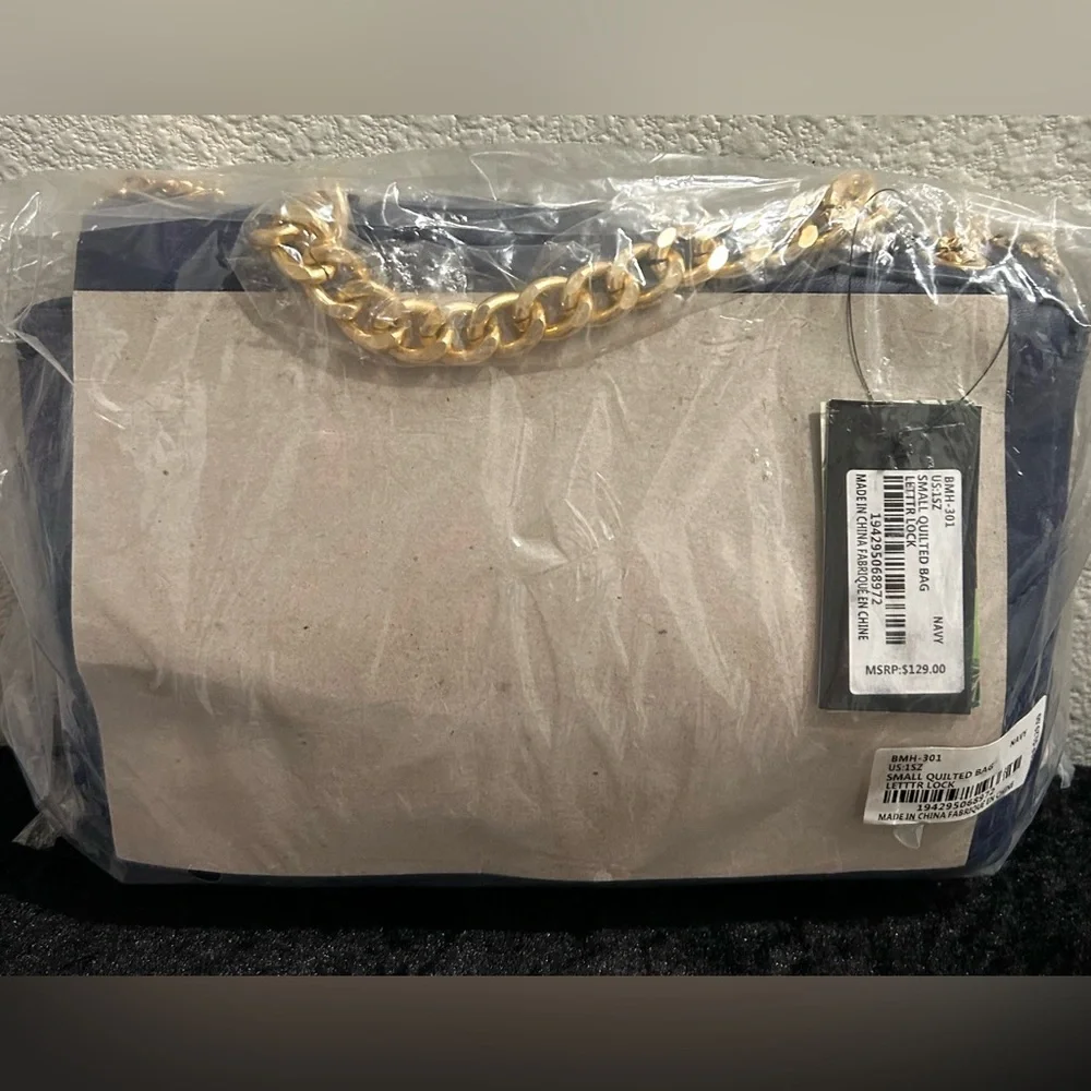 Badgley Mischka Quilted Navy Mini Bag – NWT, Elegant Gold Chain